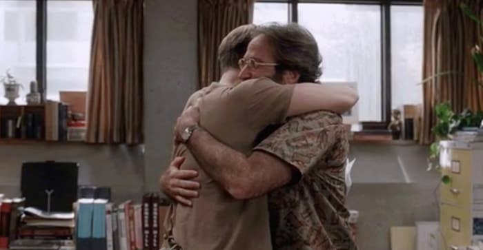 Matt Damon and Robin Williams hugging in "Good Will Hunting"