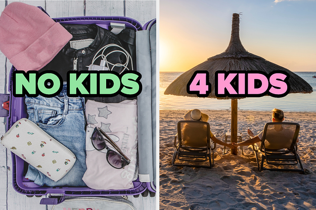 On the left, an open suitcase filled with clothes, a hat, a wallet, sunglasses, and a charger labeled "no kids," and on the right, a couple relaxing on chairs on the beach at sunset labeled "4 kids"