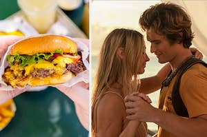 a shake shack burger on the left and sarah and john b dancing on the right