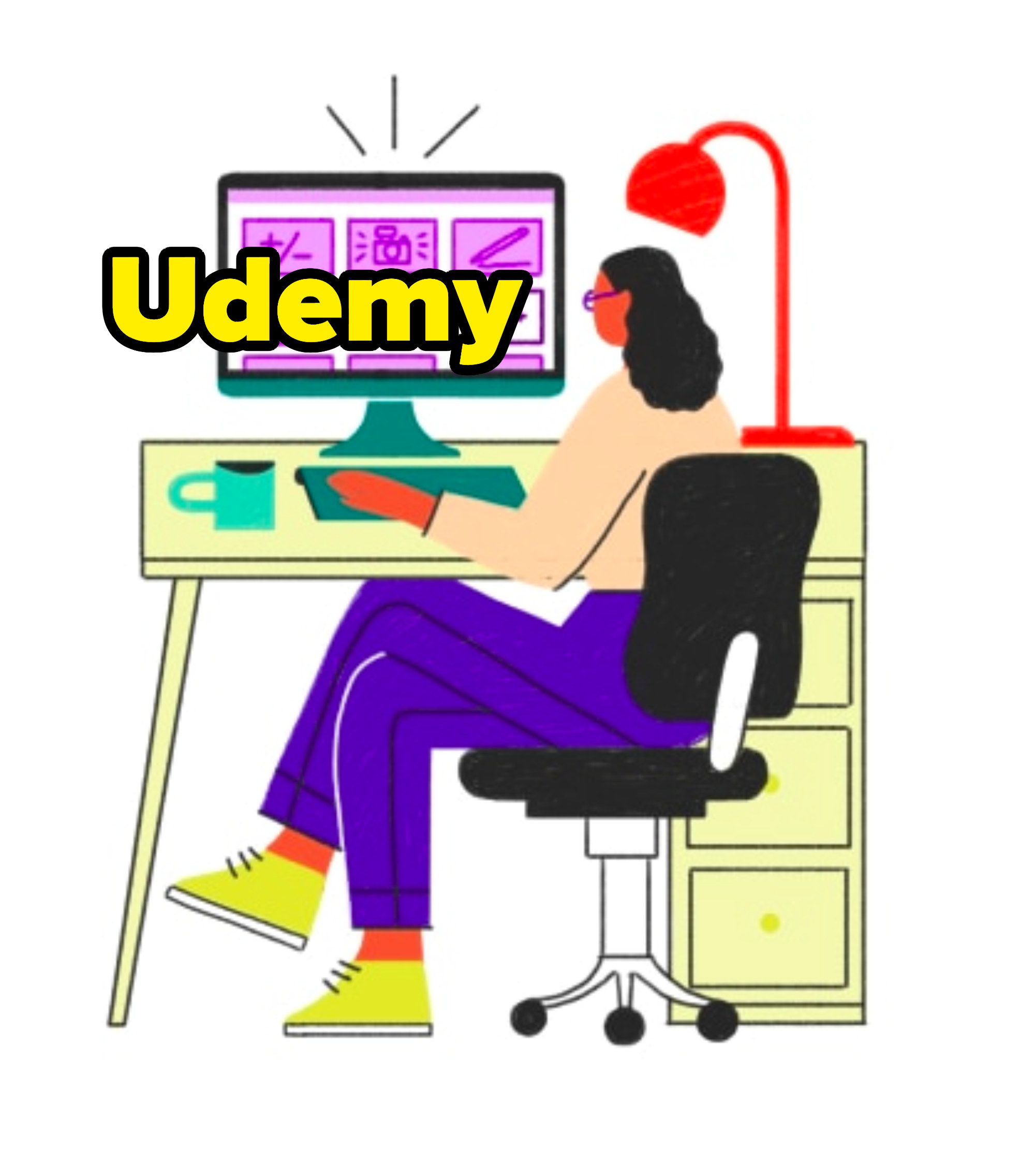 A drawing of a person sitting at a desk with the word Udemy over top