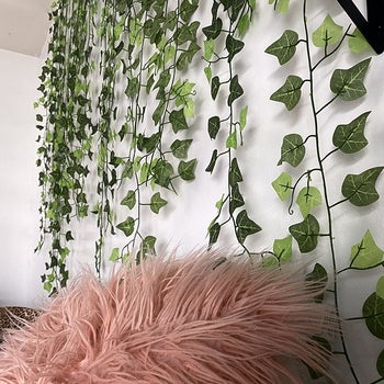 A close-up of the reviewer's ivy garland on the wall