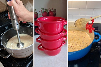 Three panels showing a hand using an immersion blender to blend a thick white liquid in a pot, a stack of four red soup crocks and a pot with a red crab spoon holder perched on the edged 