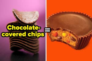 chocolate covered potato chips next to a separate image of a reeses peanut butter cup