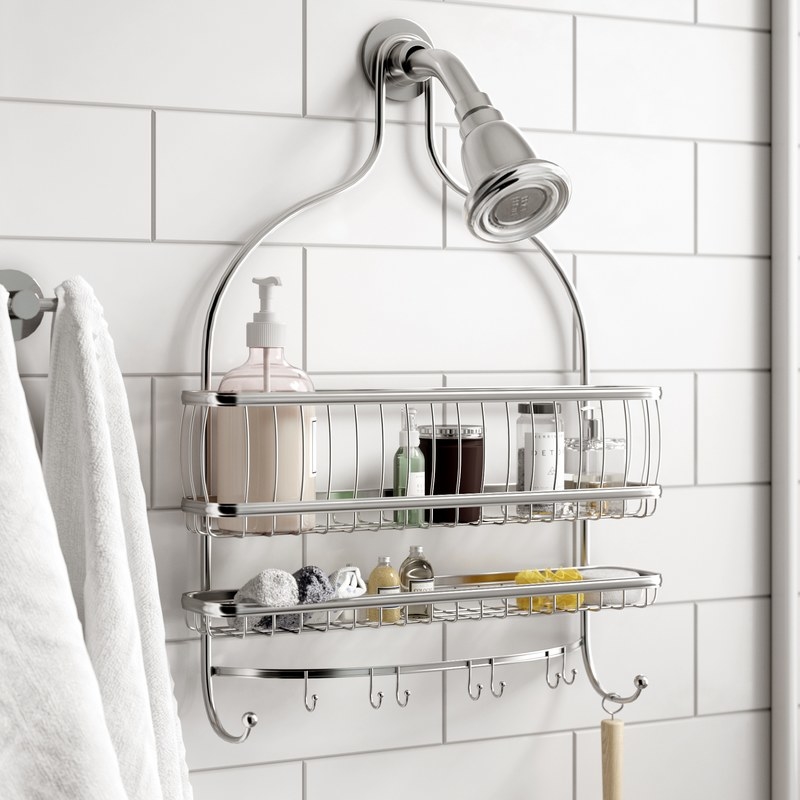 Shower caddy stocked with bath products hanging in a bathroom