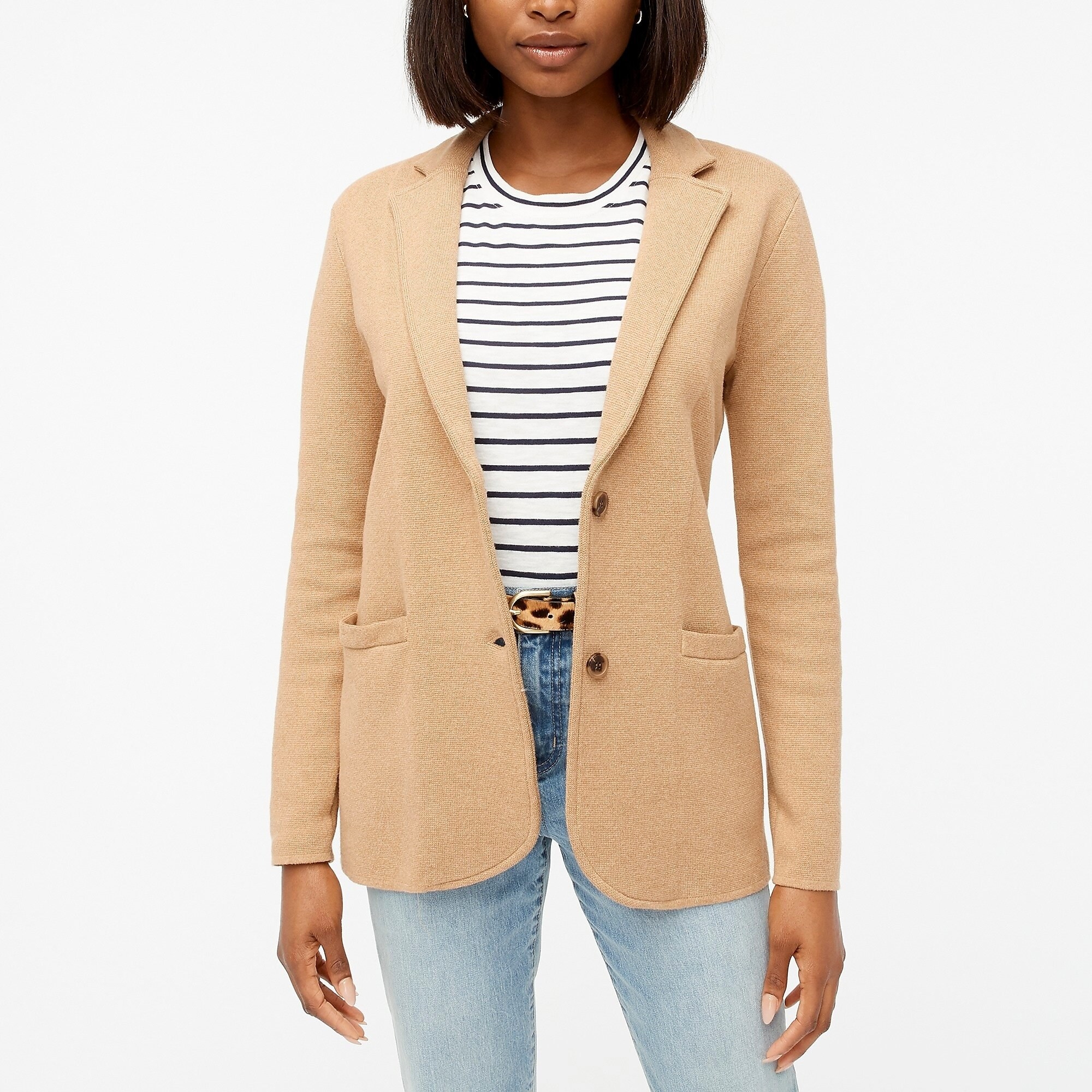 Model wearing the acorn sweater blazer