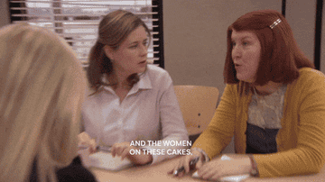 Pam, Meredeth, Angela, and Phyllis talk in the conference room