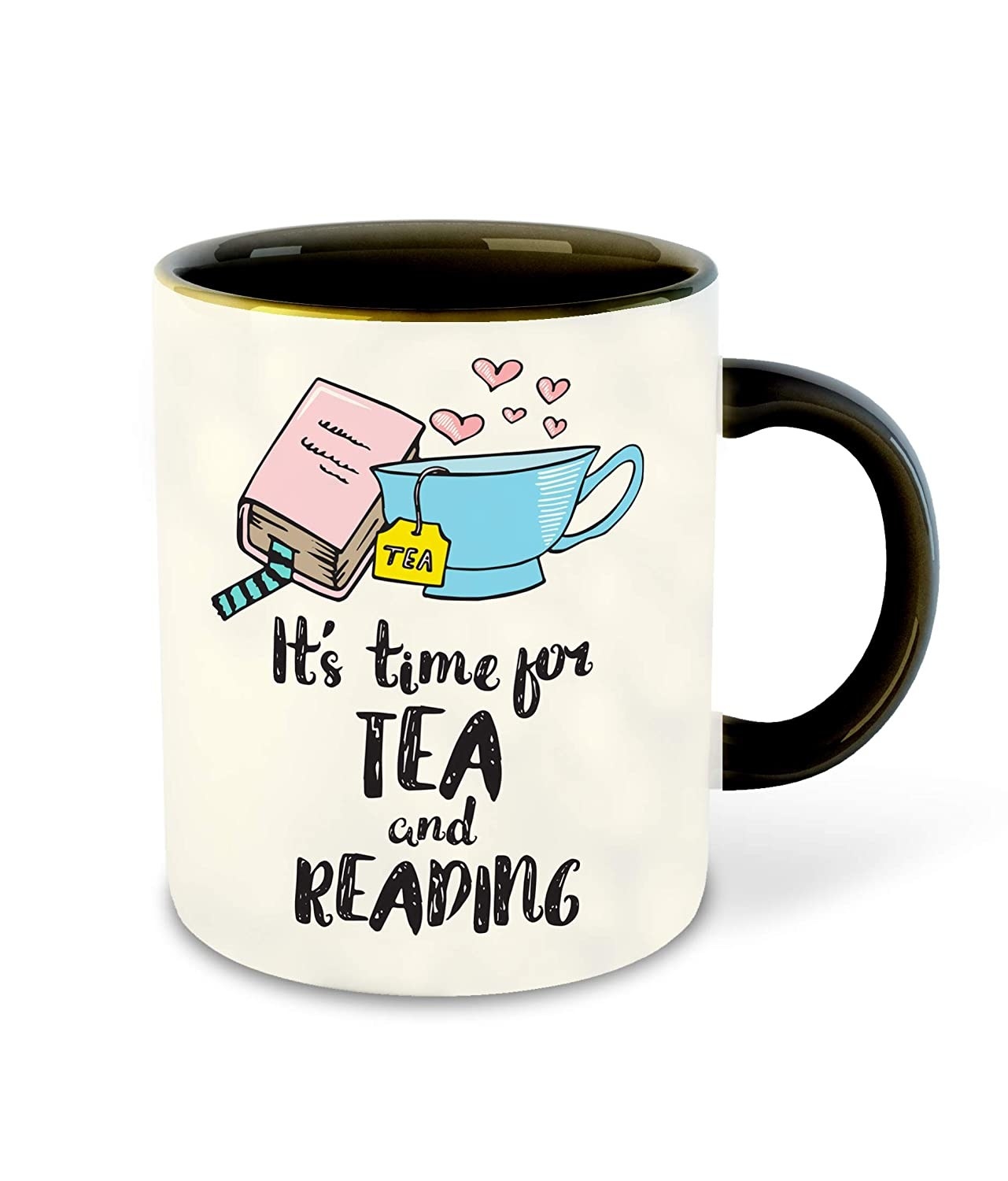 A mug that says &quot;It&#x27;s time for tea and reading&quot; with a picture of a book and a cup of tea on it