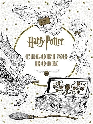 Cover of the colouring book with various things related to Harry Potter on it