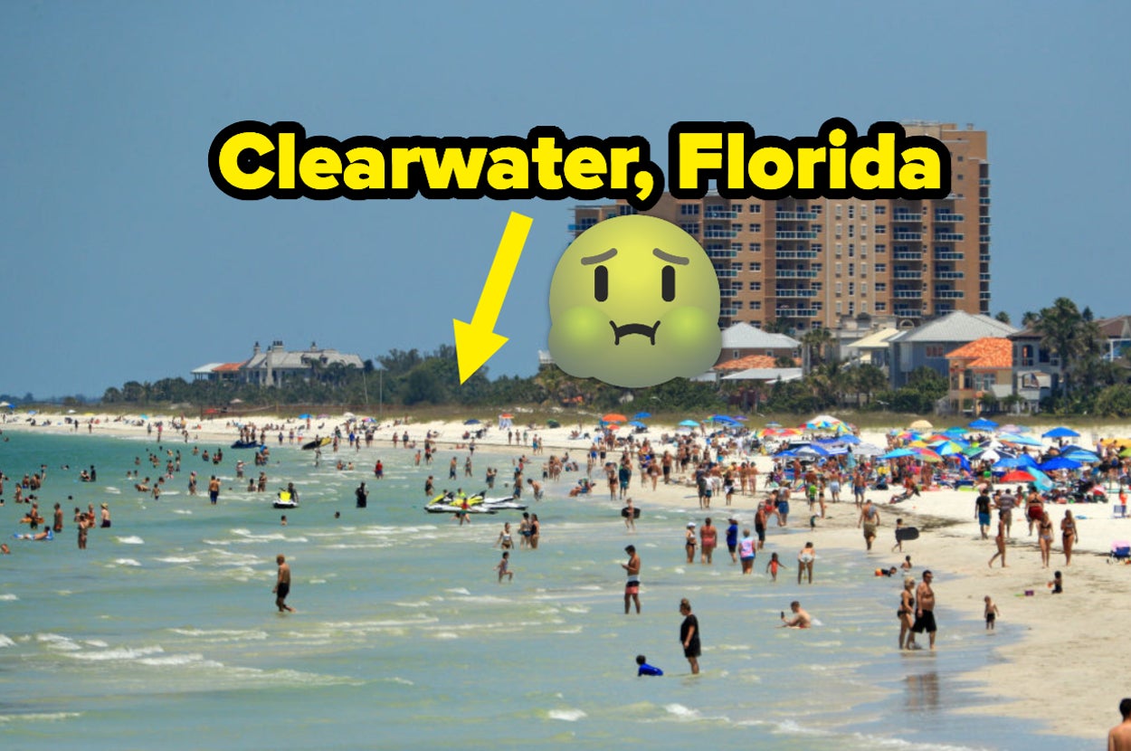 The beach in Clearwater, Florida, captioned with a nauseated face