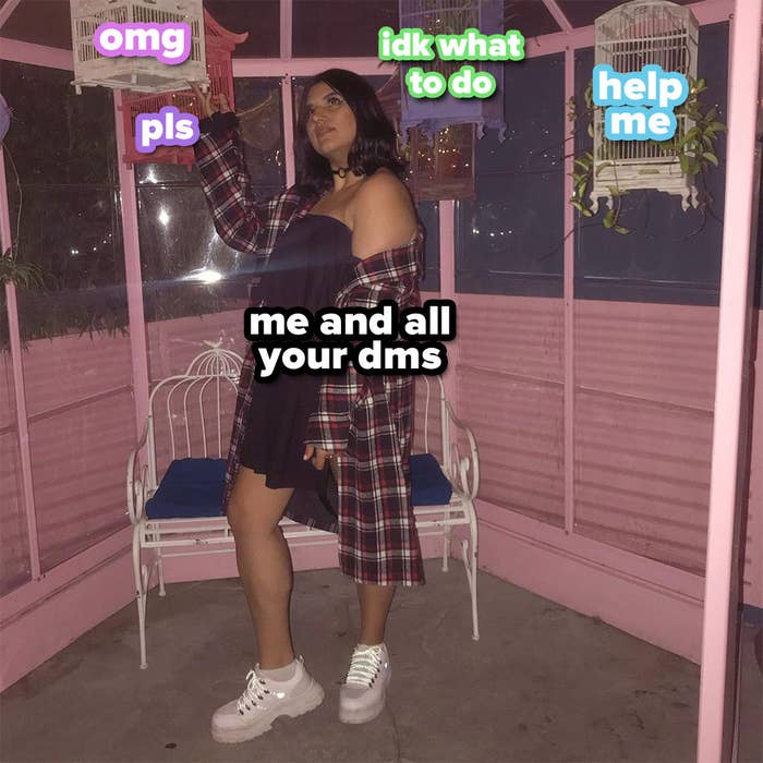 Girl with cropped black hair standing beneath hanging birdcages that are labelled &quot;omg&quot;, &quot;pls&quot;, &quot;idk what to do&quot; and &quot;help me&quot;. The girl is labelled with &quot;me and all your dms&quot;.