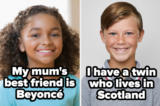 Split image of two children with text that reads my mum's best friend is beyonce over one and I have a twin who lives in Scotland over the other