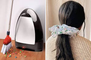 spilled cereal next to a touchless vacuum; a model wearing a large organza scrunchie
