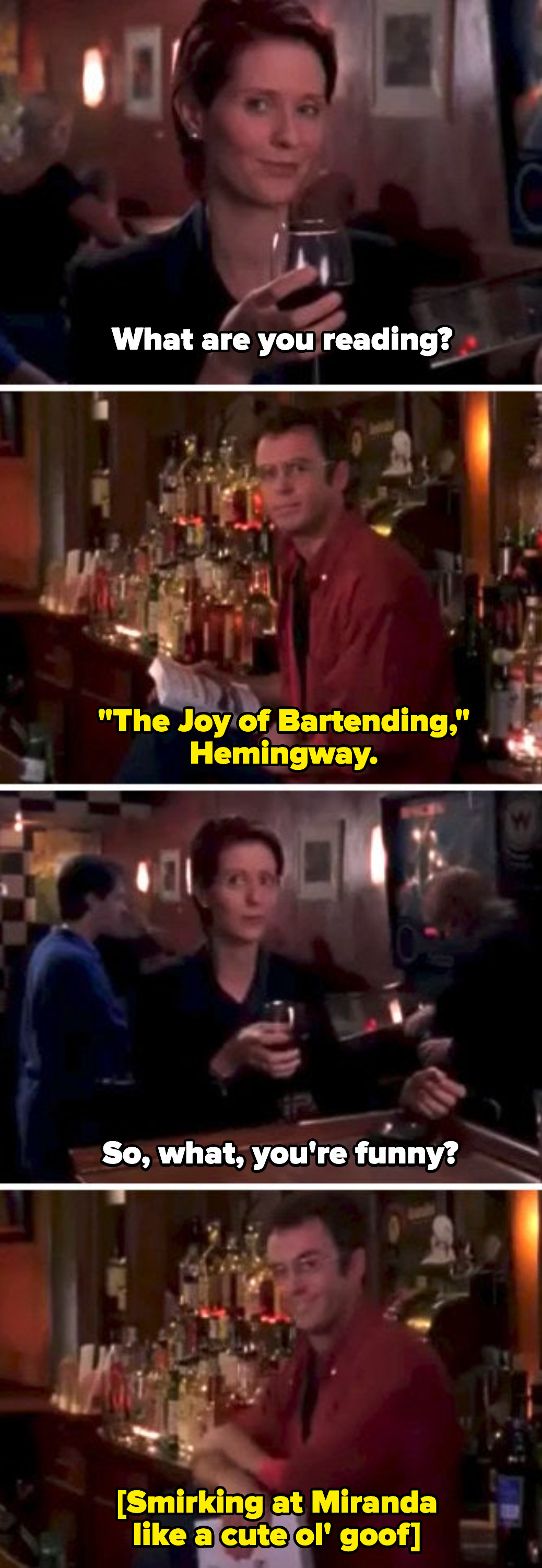 Miranda and Steve meeting for the first time at the bar in Season 2