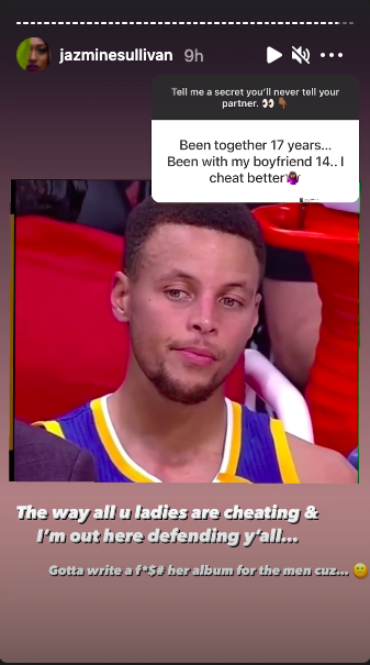 A jugdmental Steph Curry with the caption &#x27;Gotta write a f*$# her album for the men cause...