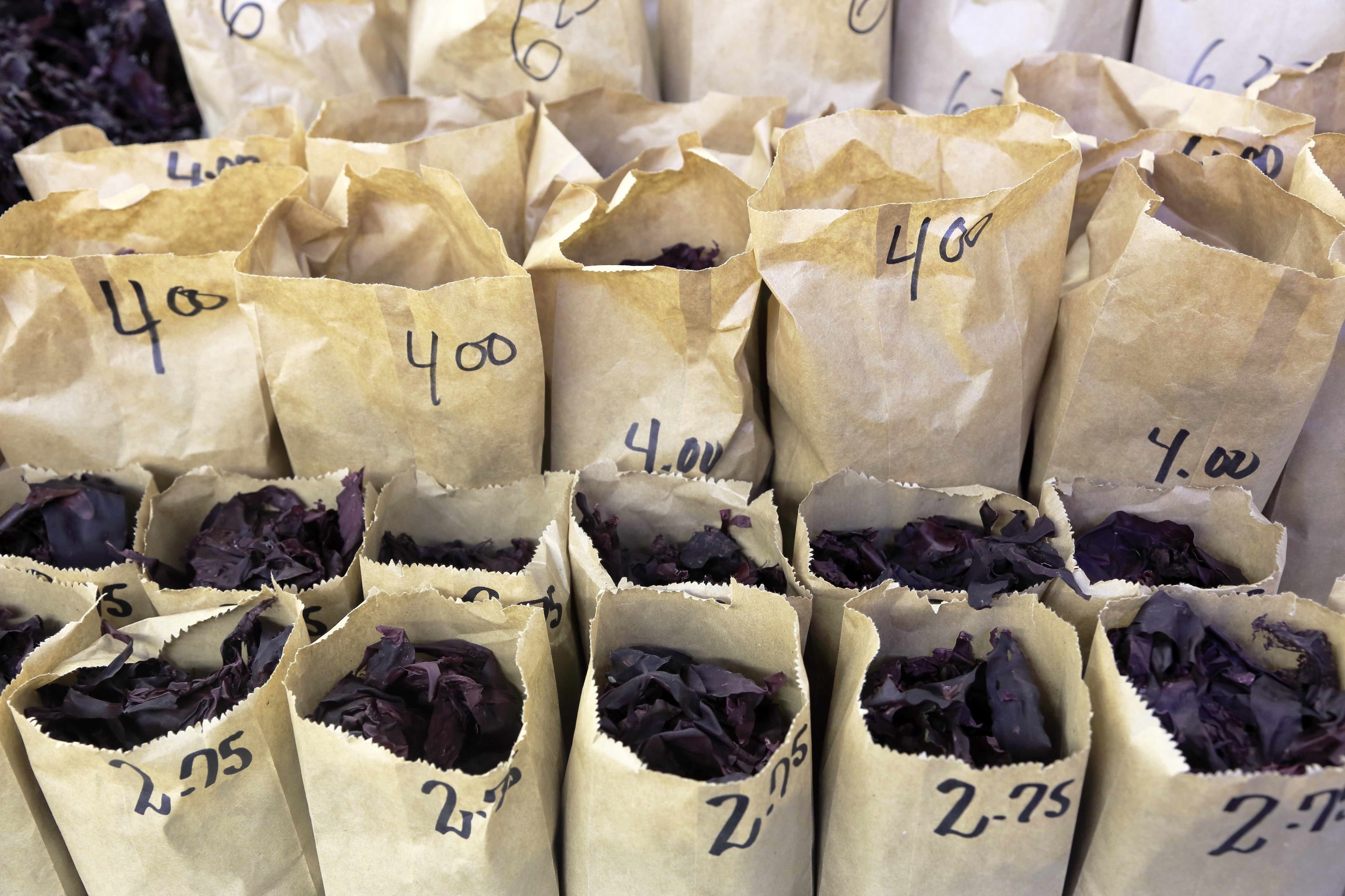 Several paper bags of fresh Dulse for sale in Saint John City Market