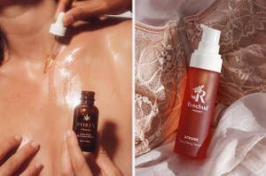 Model applying Foria oil and orange bottle of Rosebud serum on lace bra
