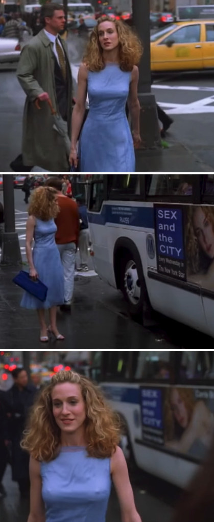 Alternative opening credits for &quot;Sex and the City&quot; with Sarah Jessica Parker wearing a conservative, long, blue dress walking down the street in New York City