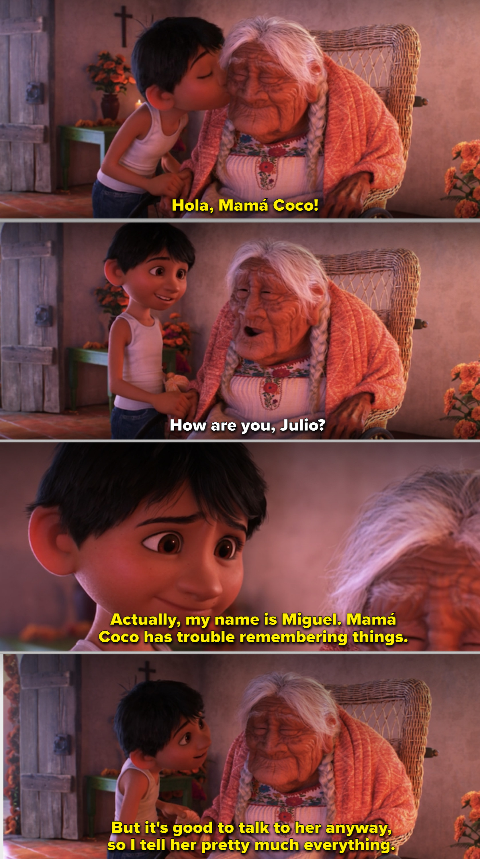 Miguel talking to Mamá Coco