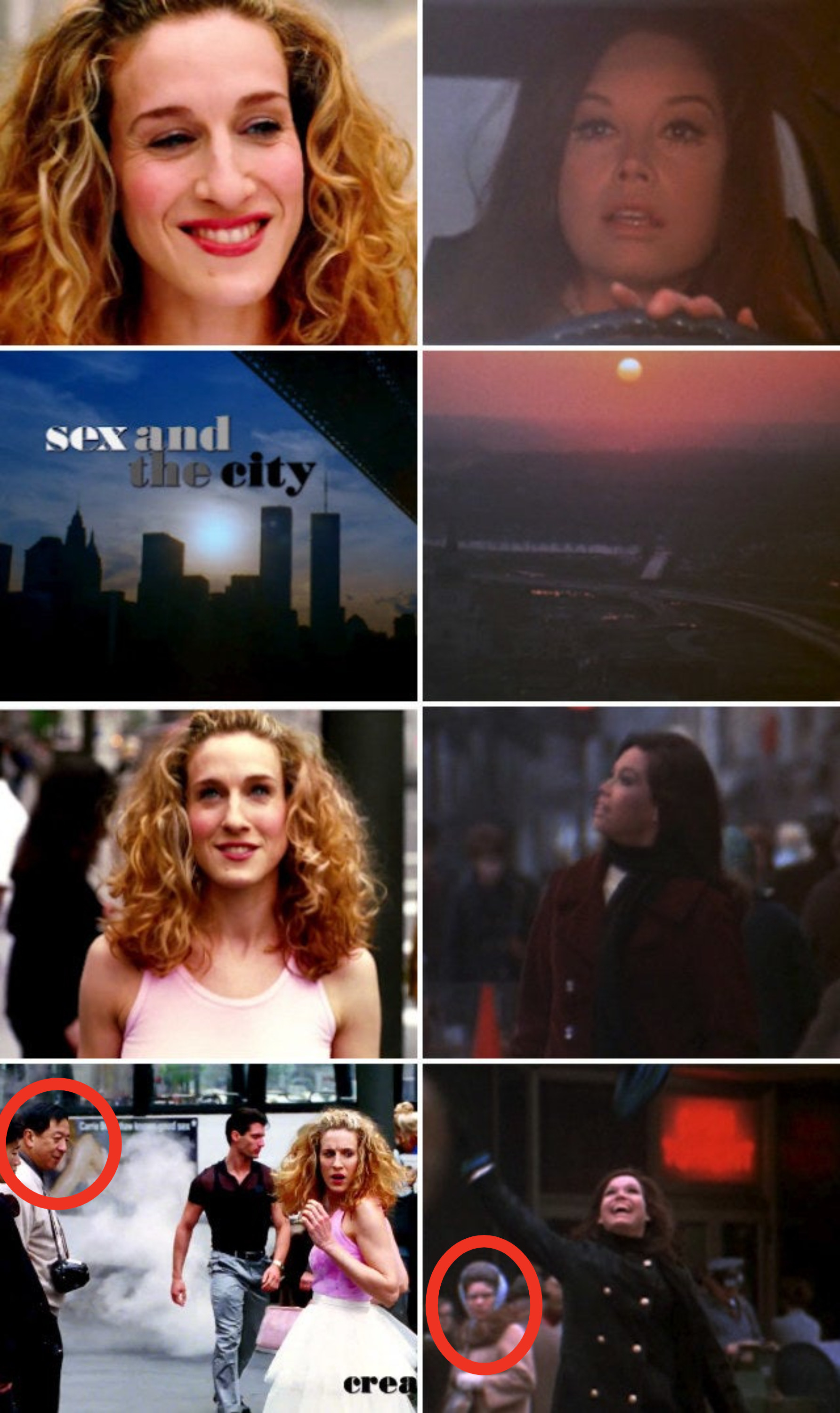 Four different side-by-side shots that show how similarly the intros to The Mary Tyler Moore Show and Sex and the City were framed