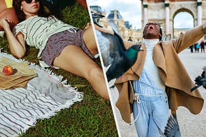 Aesthetic photos of someone at a picnic and someone in Paris