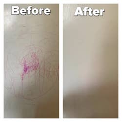 Reviewer before and after photo of a wall covered in crayon marks and then clean