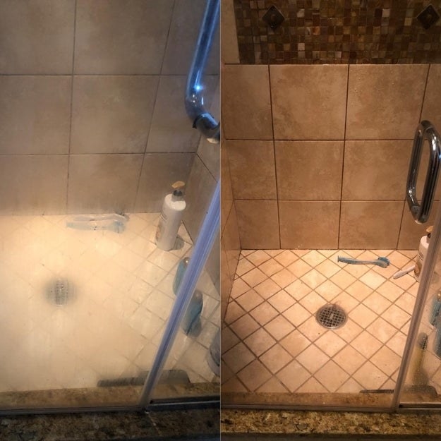 Reviewer before and after photo of a cloudy shower door and then a clear one