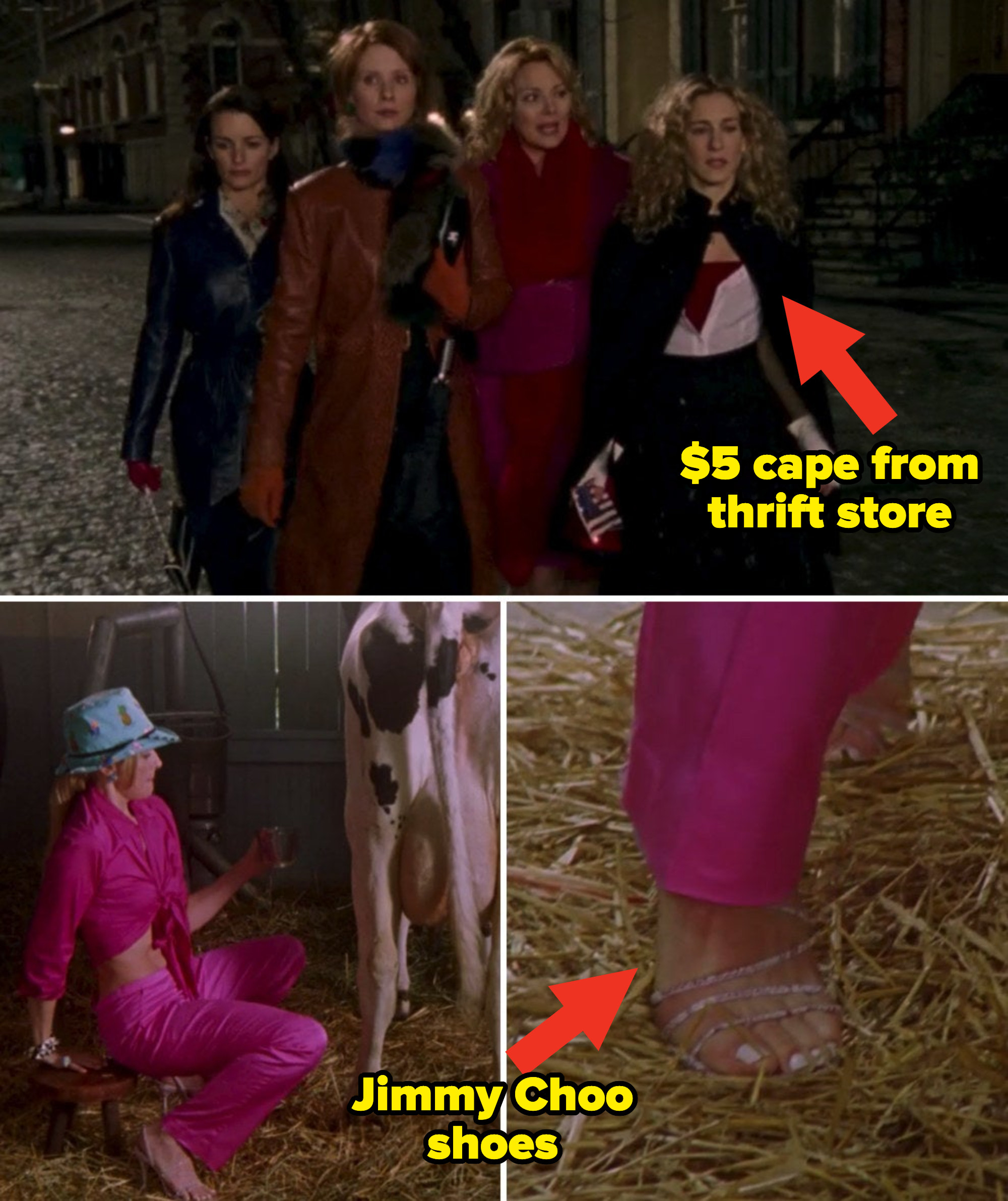 Miranda, Samantha, Carrie, and Charlotte in the middle of the street walking to a party; Samantha trying to milk a cow while wearing Jimmy Choo shoes