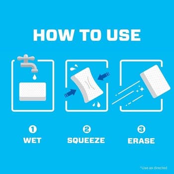 An illustration showing how to use the erasers: just wet, squeeze them to remove excess moisture, and use them
