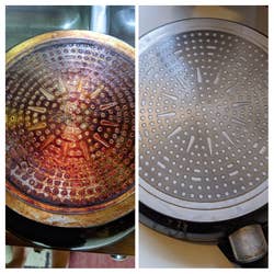 Reviewer before and after photo of the bottom of a pan covered in stains and then not