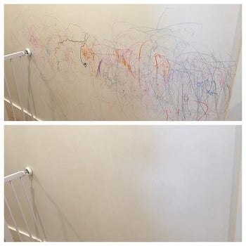 Reviewer photo of a before and after of their walls that had crayon marks on it