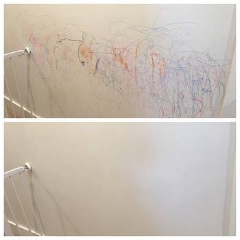 Reviewer photo of a before and after of their walls that had crayon marks on it