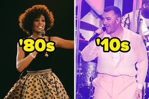 Whitney Houston labeled "'80s" and Sam Smith labeled "'10s"