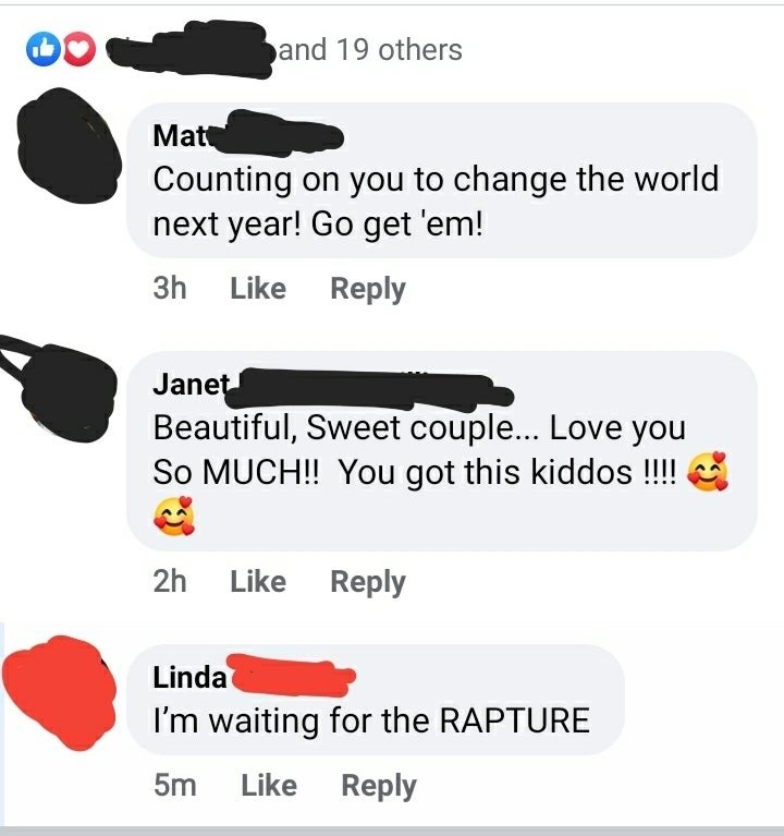 a person named linda commenting i&#x27;m waiting for the rapturre on an unrelated post