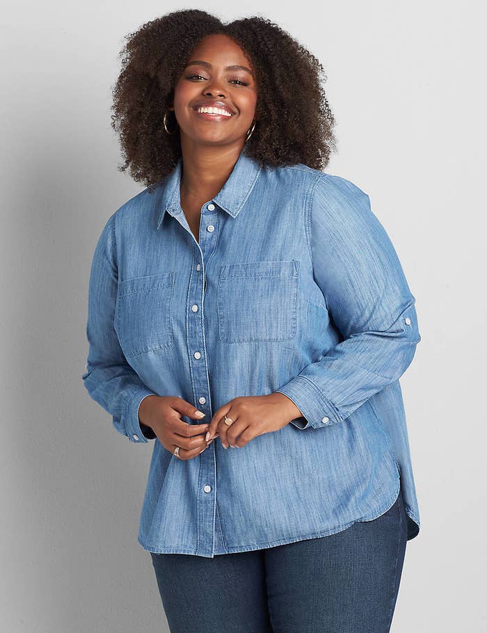 A model in the blue button down