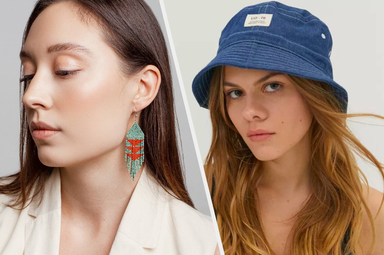 A person wearing beaded earrings, A person wearing a denim bucket hat