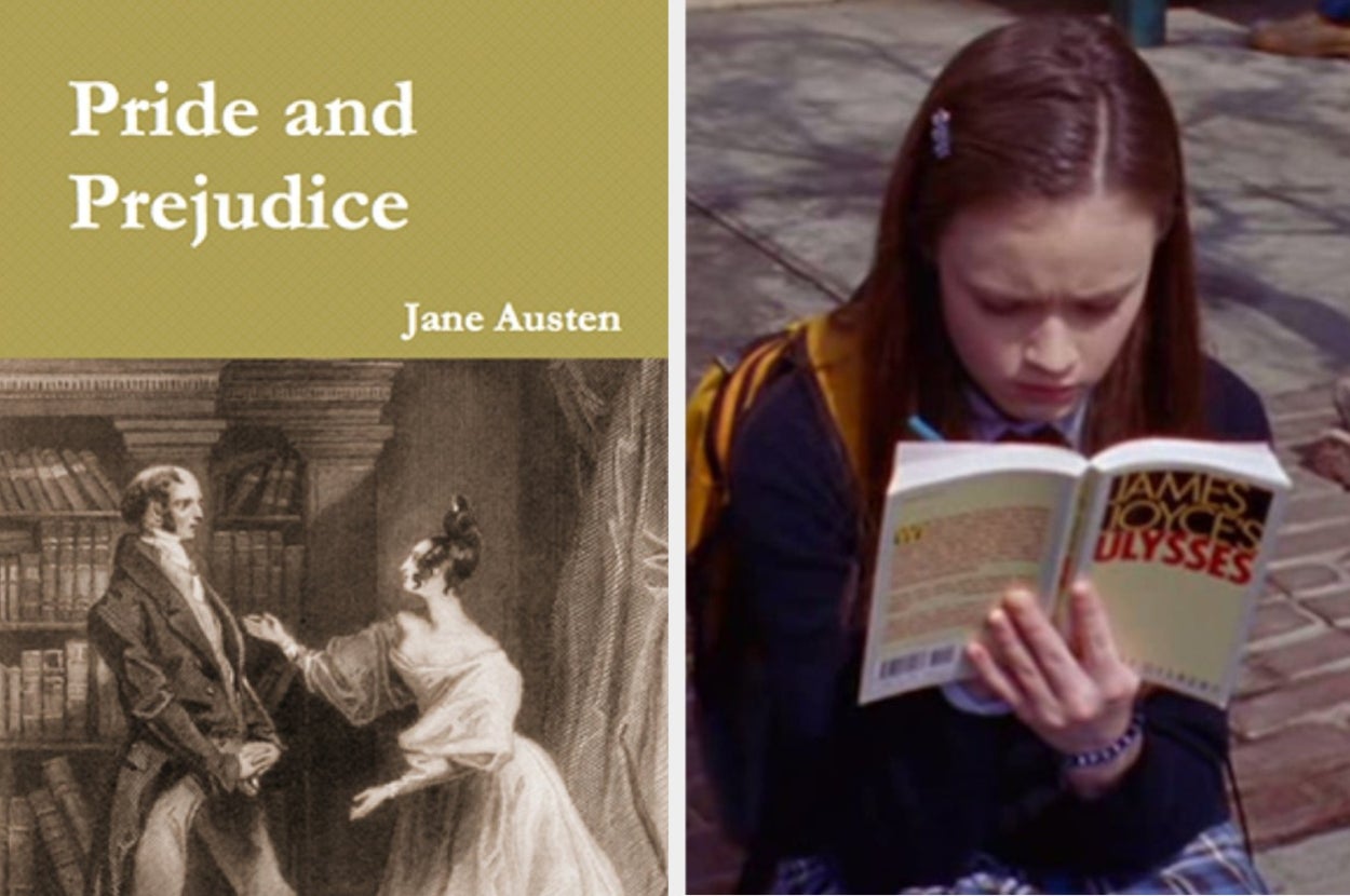 On the left, the book Pride and Prejudice by Jane Austen, and on the right, Rory from Gilmore Girls reading a book
