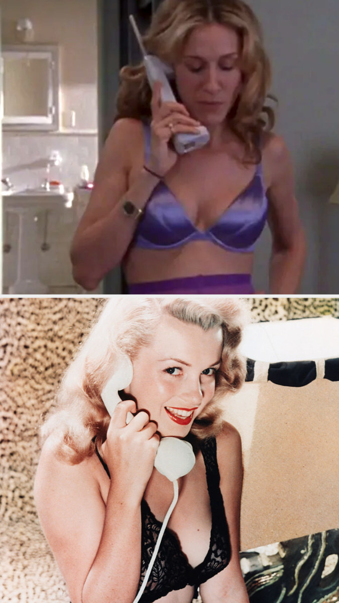 Carrie Bradshaw talking on the phone while wearing a colorful bra; a portrait of Marilyn Monroe from the &#x27;50s talking on the phone while wearing a dark-laced bra