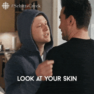 gif of dan levy from schitt&#x27;s creek being asked about his skincare routine