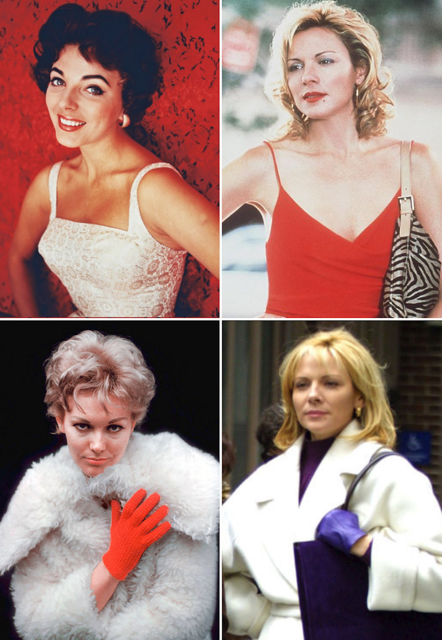 Two shots of Kim Cattrall shooting scenes for &quot;Sex and the City;&quot; in a bold lipstick, gold earrings, and sexy dress like Joan Collins, and a light winter coat with bold gloves like Kim Novak