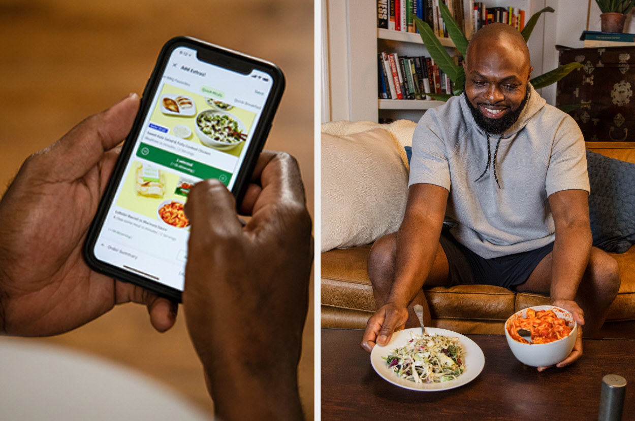 Image one: hands navigate the HelloFresh app on a smartphone. Image two: person sits on couch holding a salad in one hand and pasta in the other.