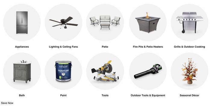 Screenshot of all the different home and outdoor categories on sale