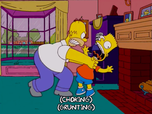 Homer Simpson strangling Bart in their living room