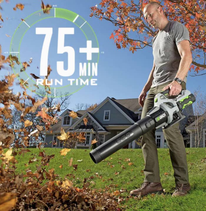 Model holding handled cylindrical leaf blower to move a pile of leaves