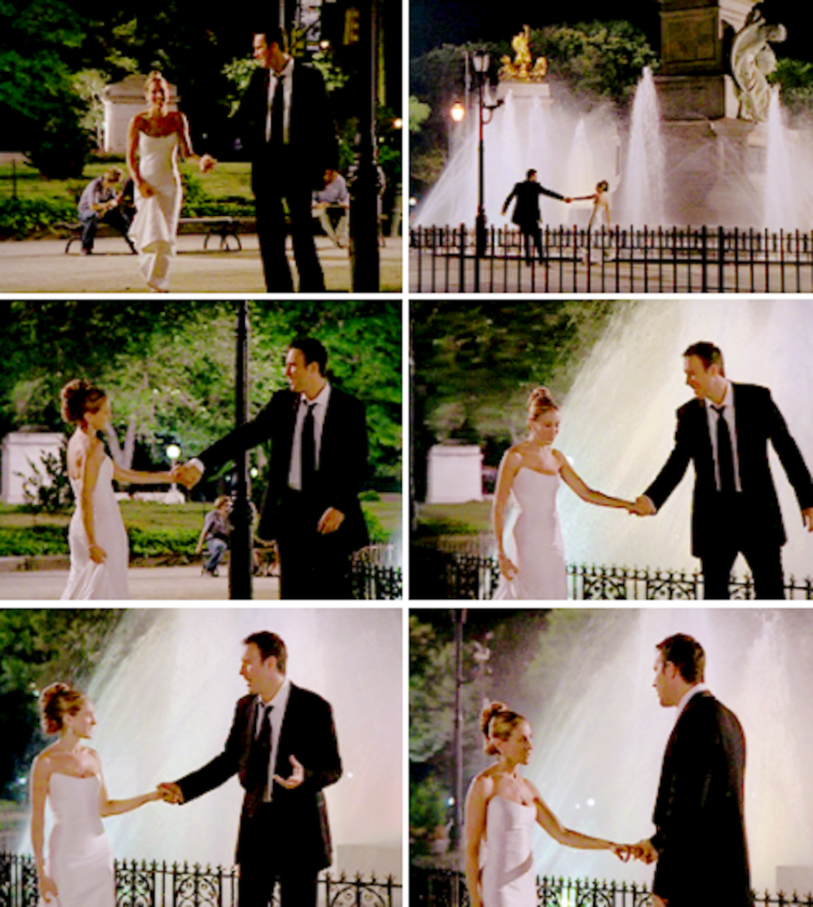 Carrie and Aidan walking around together in Columbus Circle at night, holding hands