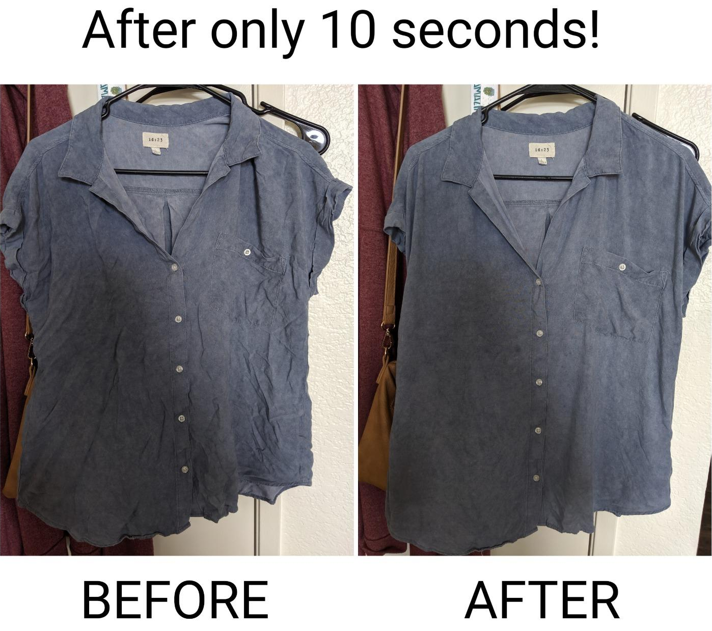 a split image of a reviewer&#x27;s shirt before and after using the wrinkle release
