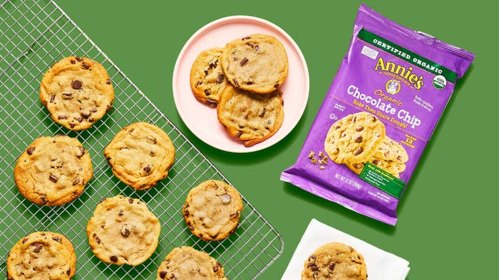 Annie&#x27;s brand chocolate chip cookies laid out on a baking tray