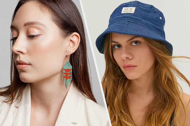 A person wearing beaded earrings, A person wearing a denim bucket hat