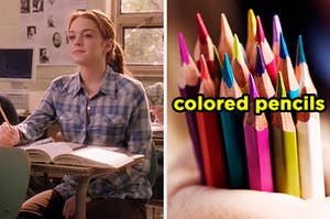 On the left, Cady from /mean Girls sitting in math class, and on the right, someone holding some colored pencils