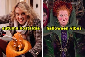On the left, Kate McKinnon carving a pumpkin in an SNL sketch labeled autumn nostalgia, and on the right, Winnie from Hocus Pocus labeled halloween vibes