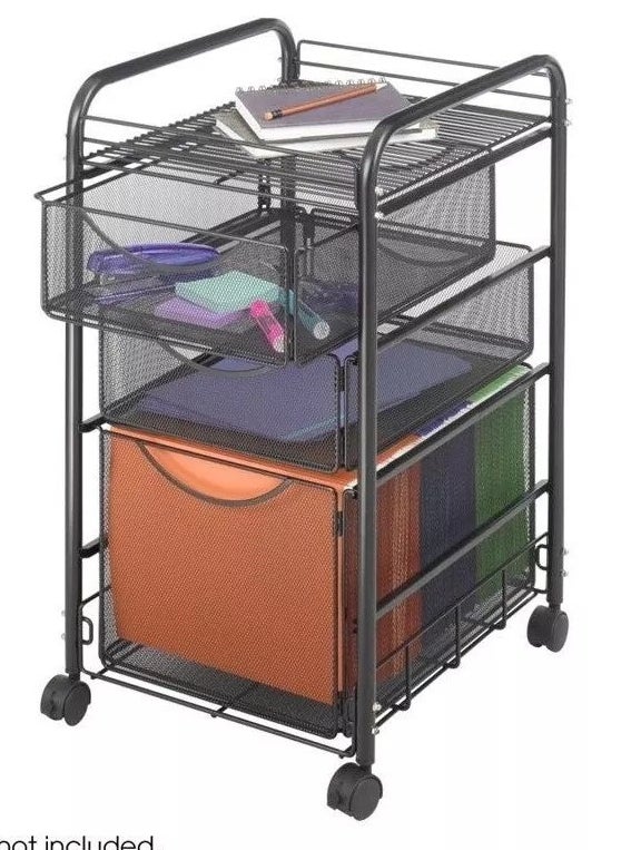The mesh cart with assorted items inside